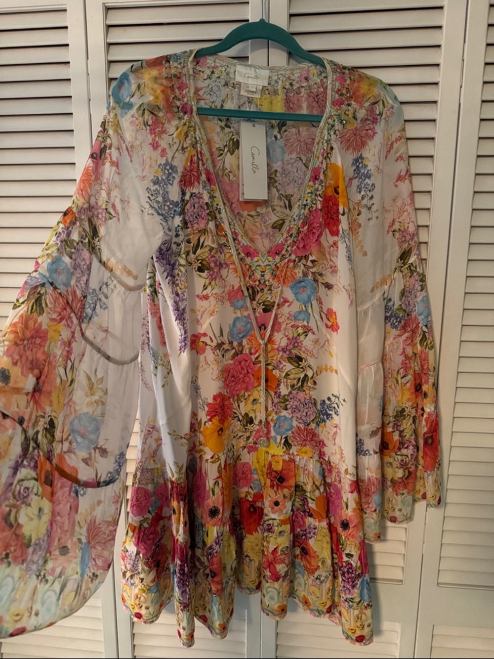 Camilla White Floral Mini Dress with Multicolor Bouquet Print